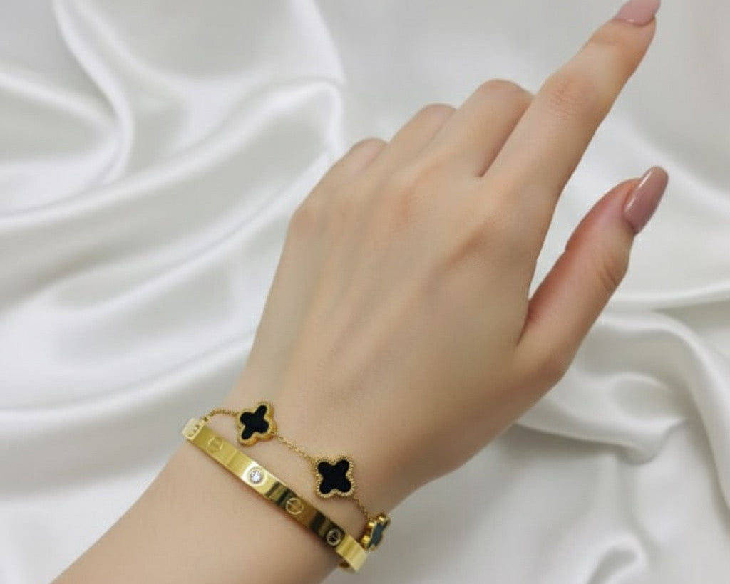 Trendy Combination set with Cartier Inspired Handcuff & Clover Bracelet Set - Gold & Black