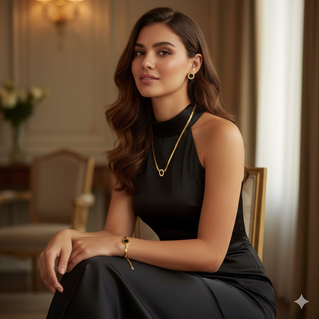 Herringbone Chain Jewelry Set with Black Enamel Charms - Gold