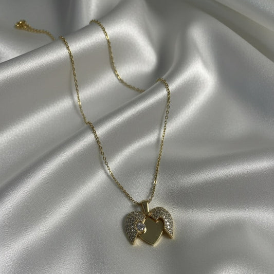 Angel Wings Heart Necklace - Gold &; Crystal Pavé