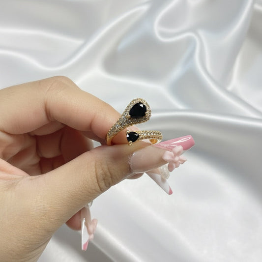 Double Teardrop Bypass Ring - Black & Gold Pavé