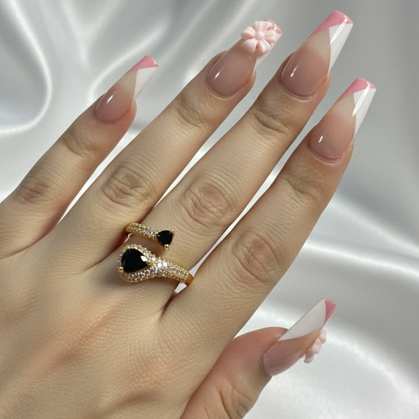 Double Teardrop Bypass Ring - Black & Gold Pavé