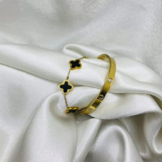 Trendy Combination set with Cartier Inspired Handcuff &amp; Clover Bracelet Set - Gold & Black