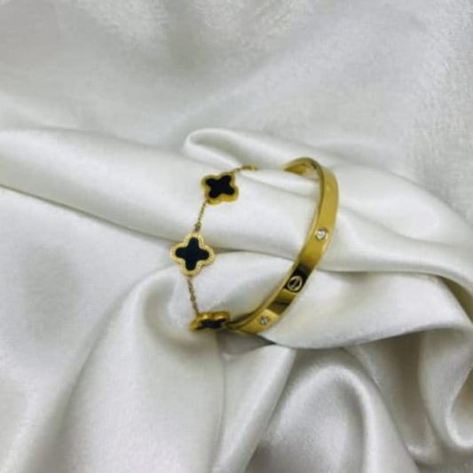 Trendy Combination set with Cartier Inspired Handcuff &amp; Clover Bracelet Set - Gold & Black