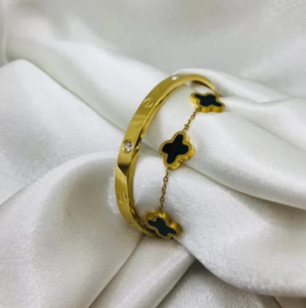 Trendy Combination set with Cartier Inspired Handcuff &amp; Clover Bracelet Set - Gold & Black
