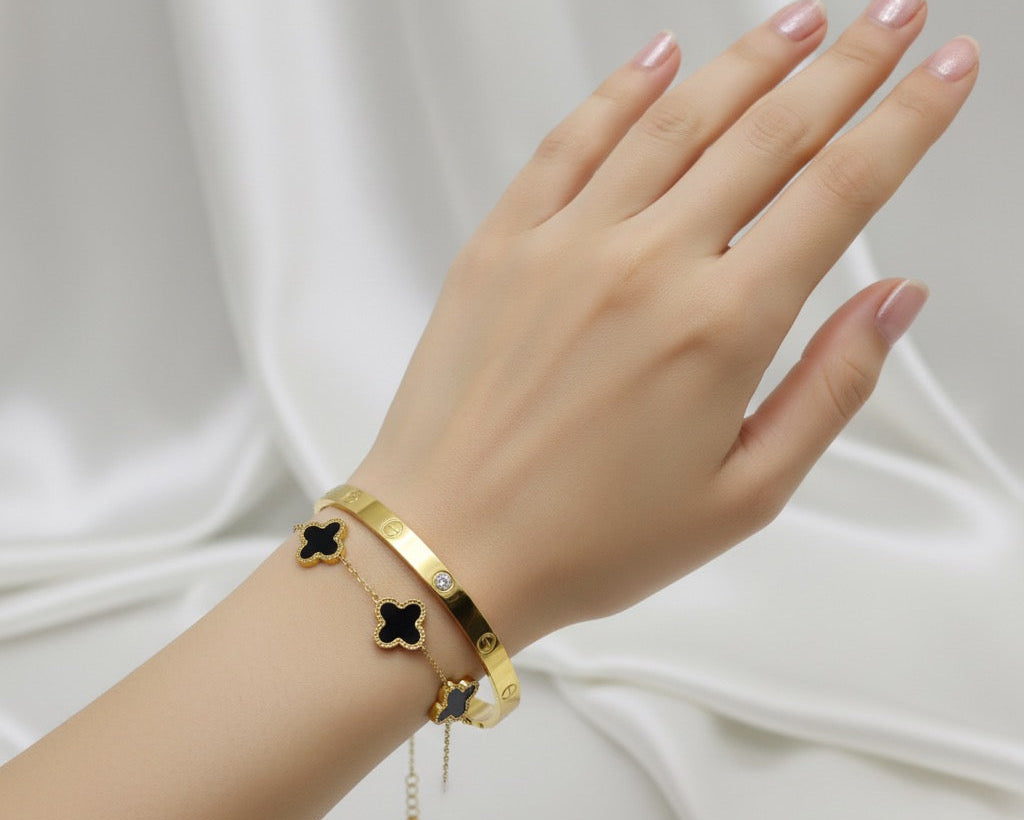 Trendy Combination set with Cartier Inspired Handcuff &amp; Clover Bracelet Set - Gold & Black