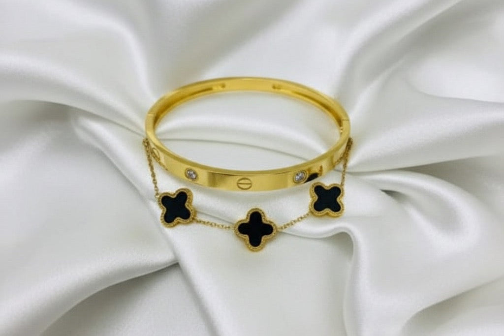 Trendy Combination set with Cartier Inspired Handcuff &amp; Clover Bracelet Set - Gold & Black