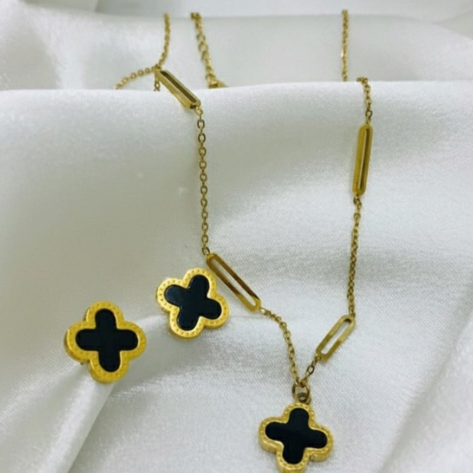 Clover Link Necklace &amp; Earring Set - Gold &; Black