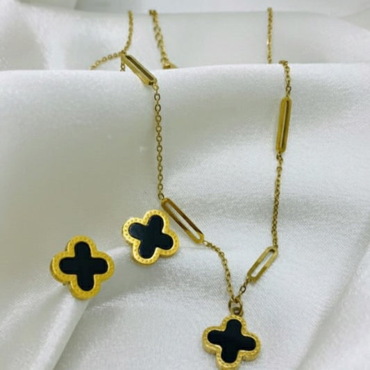 Clover Link Necklace &amp; Earring Set - Gold &; Black