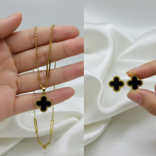 Clover Link Necklace &amp; Earring Set - Gold &; Black