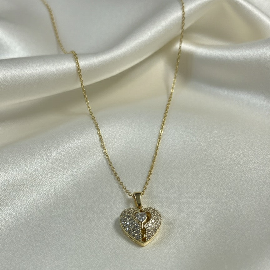 Angel Wings Heart Necklace - Gold &; Crystal Pavé