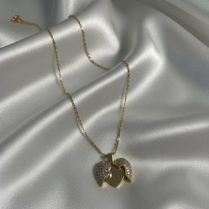 Angel Wings Heart Necklace - Gold &; Crystal Pavé