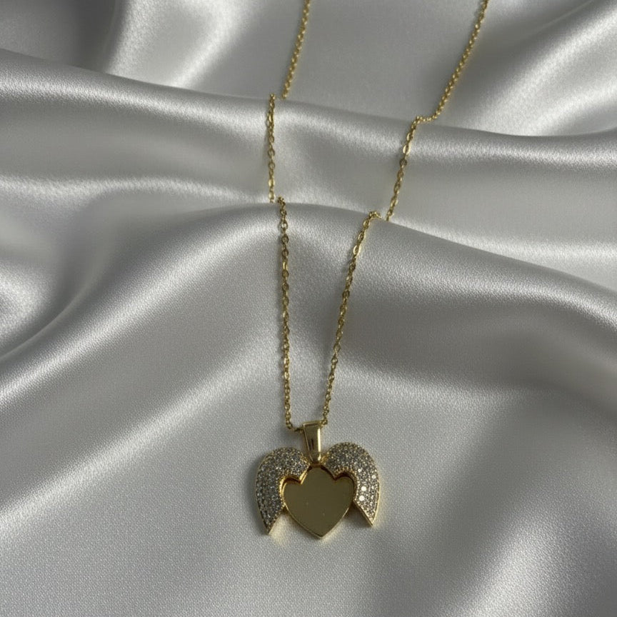Angel Wings Heart Necklace - Gold &; Crystal Pavé