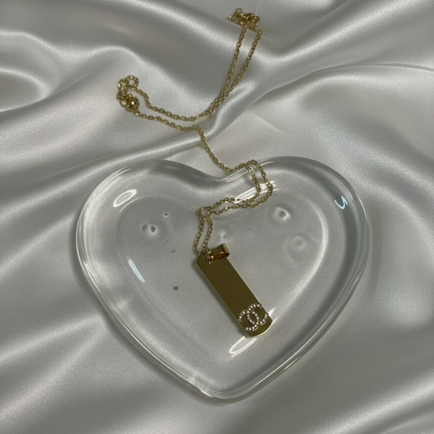 Designer-Inspired Logo Bar pendant - Gold &; Crystal