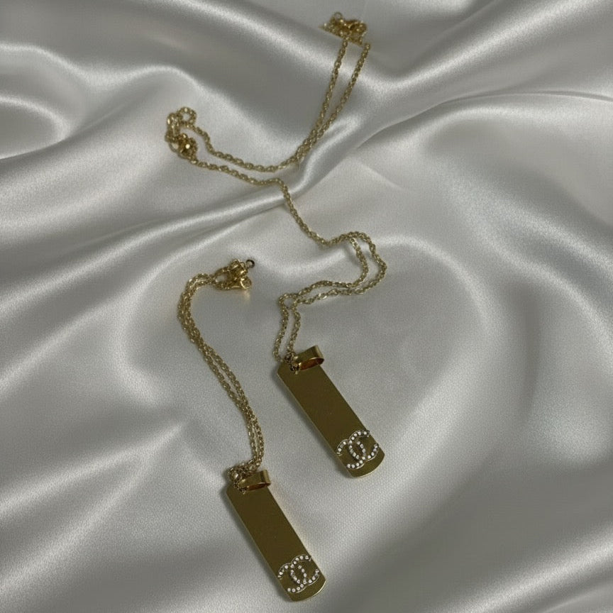 Designer-Inspired Logo Bar pendant - Gold &; Crystal