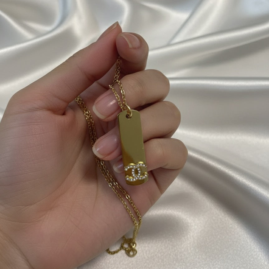 Designer-Inspired Logo Bar pendant - Gold &; Crystal