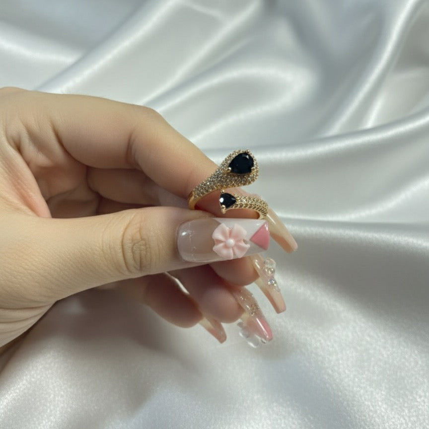 Double Teardrop Bypass Ring - Black &amp; Gold Pavé