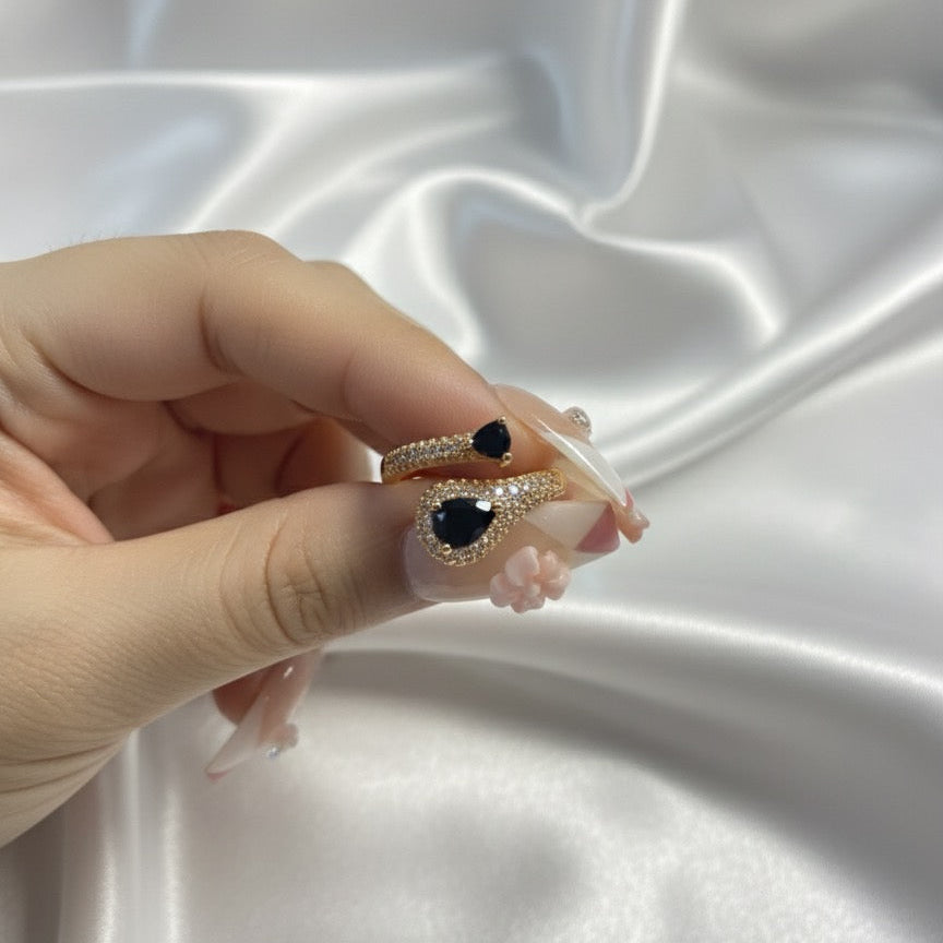 Double Teardrop Bypass Ring - Black &amp; Gold Pavé