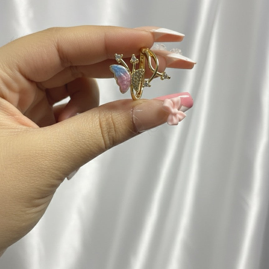 Enamel Butterfly Ring Set - Gold &; Crystal