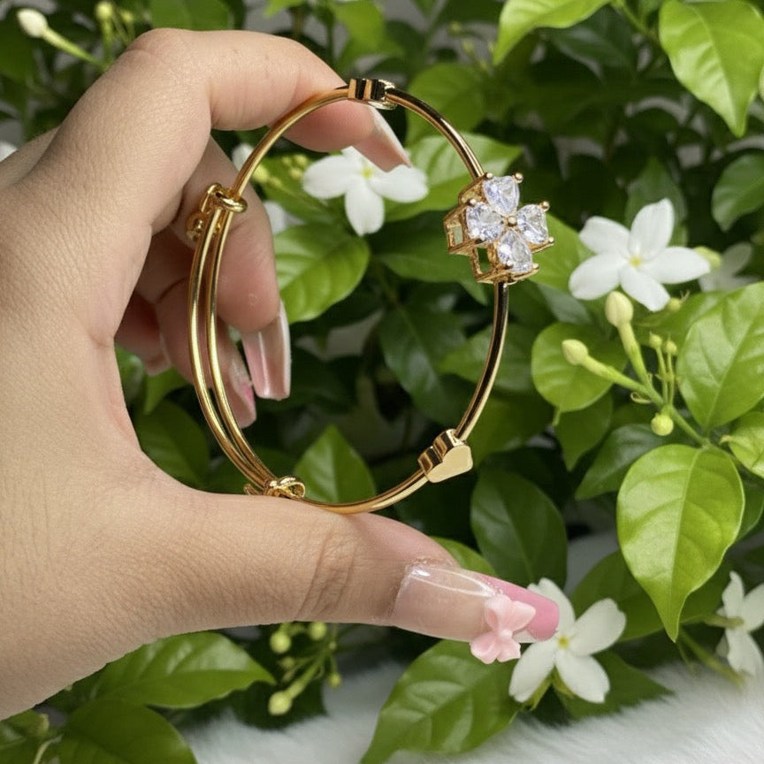 Crystal Clover Charm Bangle - Gold