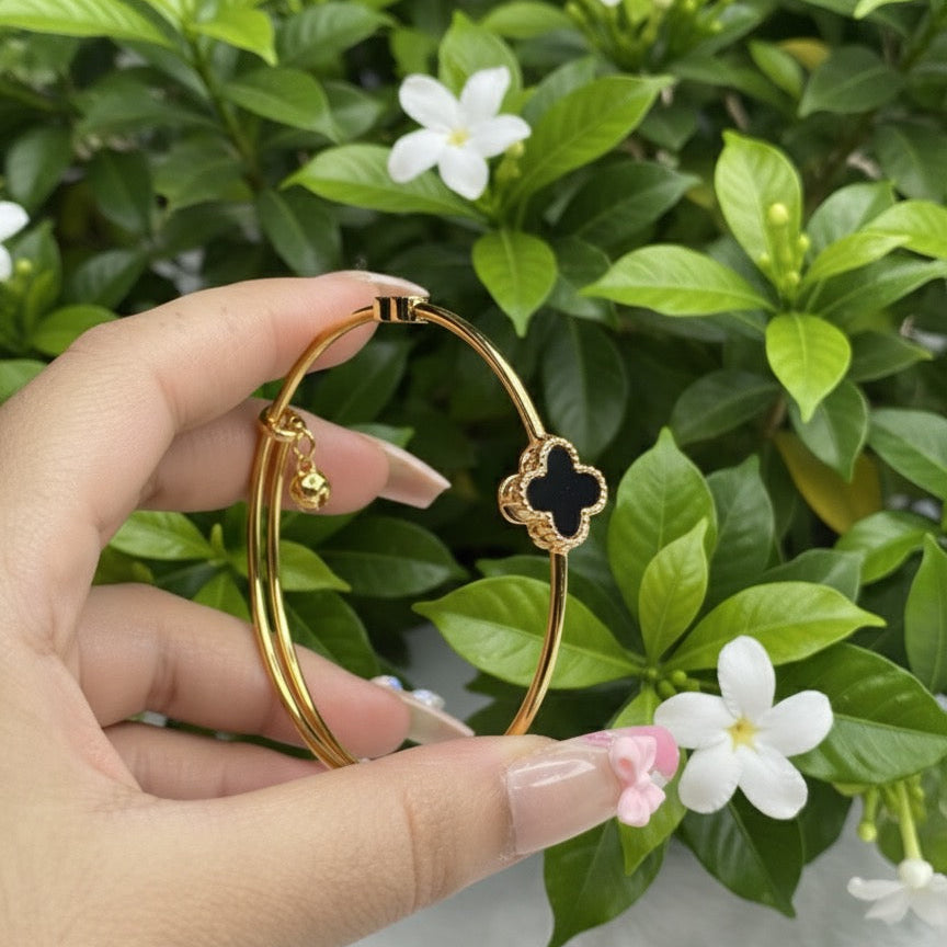 Lucky Clover Charm Handcuff - Gold &; Black