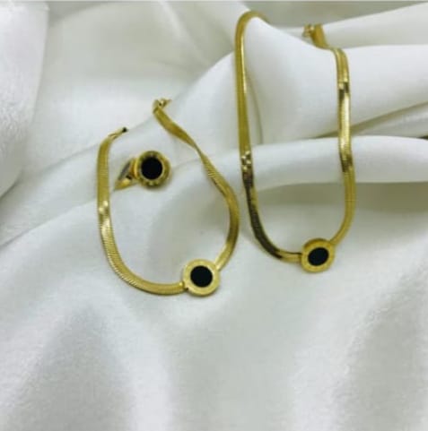 Herringbone Chain Jewelry Set with Black Enamel Charms - Gold