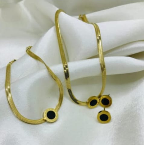 Herringbone Chain Jewelry Set with Black Enamel Charms - Gold