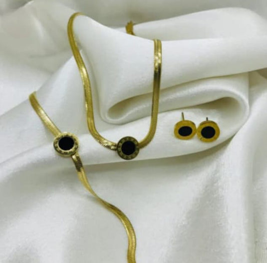 Herringbone Chain Jewelry Set with Black Enamel Charms - Gold